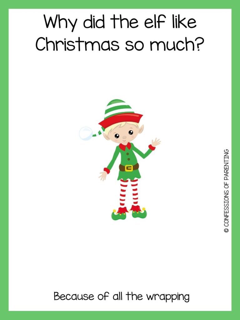 A blonde boy elf is wearing a green shirt with a joke and a green border. 