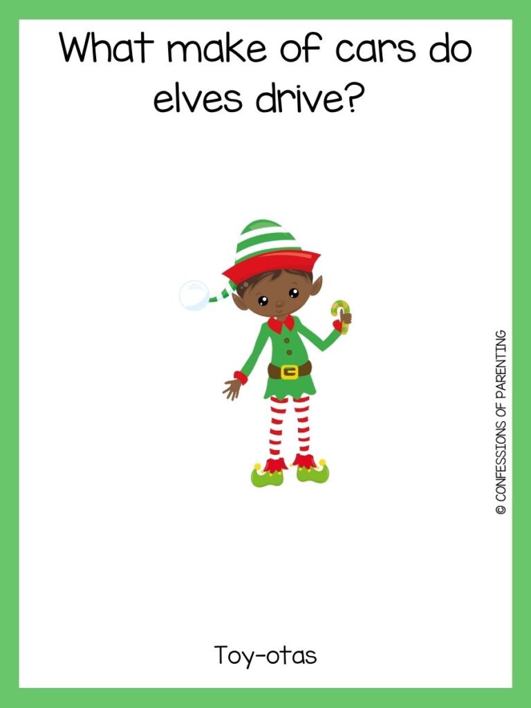 A boy elf is wearing a green shirt and holding a yellow and green candy cane with a joke with a green border. 