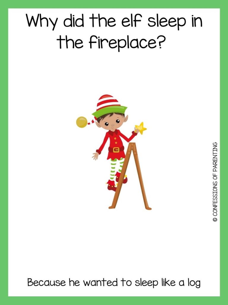 An Elf wearing a red shirt on a ladder with a star in his hand, an elf on the shelf joke, and a green border. 