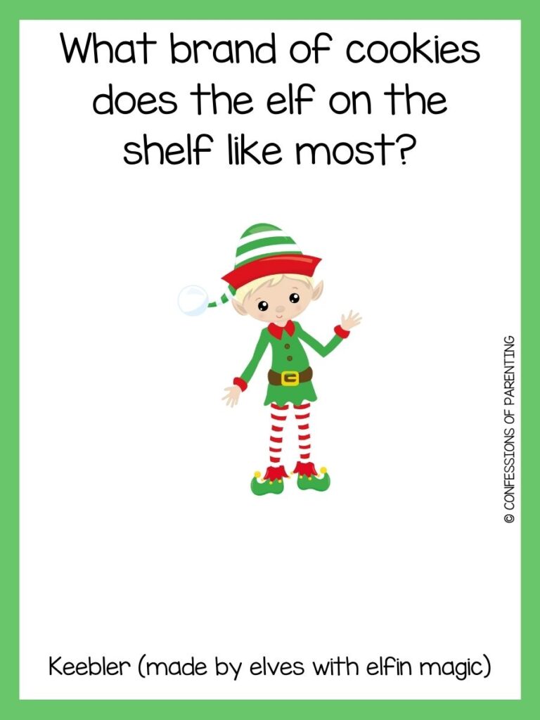 A blonde boy elf is wearing a green shirt with a joke and a green border. 