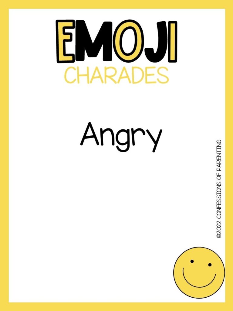 emoji charades title in yellow and black with emoji charade idea and smiling emoji on white background with yellow border