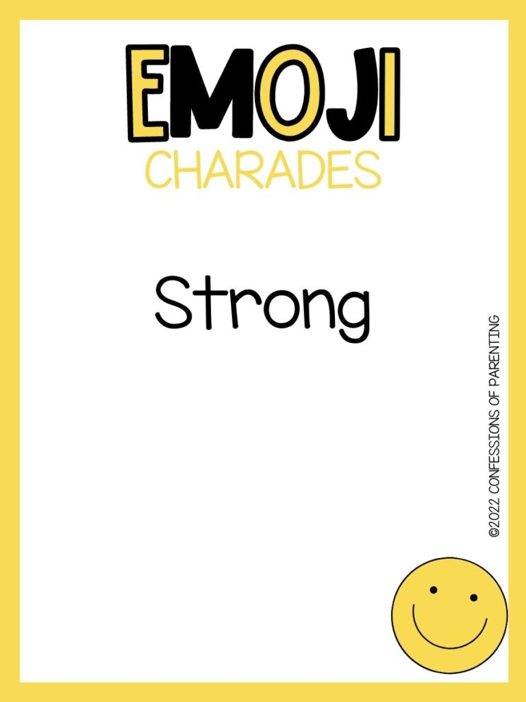 emoji charades title in yellow and black with emoji charade idea and smiling emoji on white background with yellow border