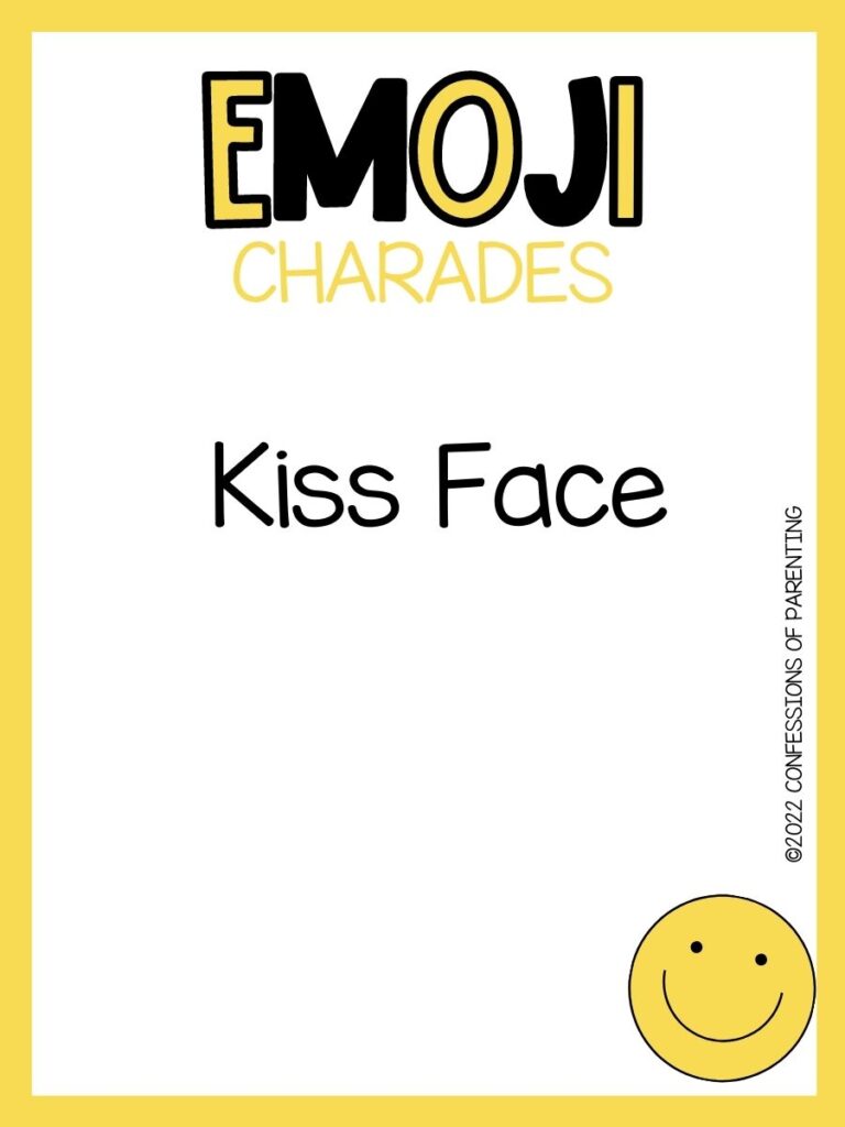 emoji charades title in yellow and black with emoji charade idea and smiling emoji on white background with yellow border