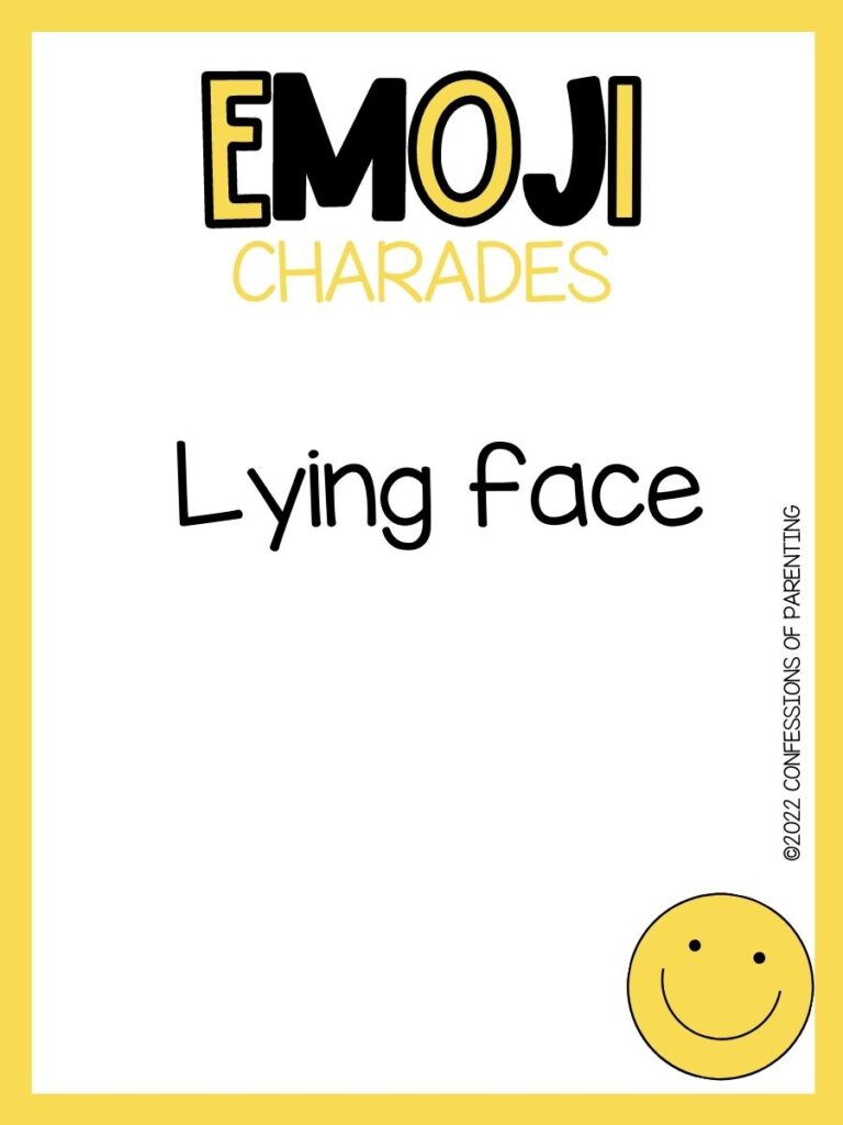 emoji charades title in yellow and black with emoji charade idea and smiling emoji on white background with yellow border
