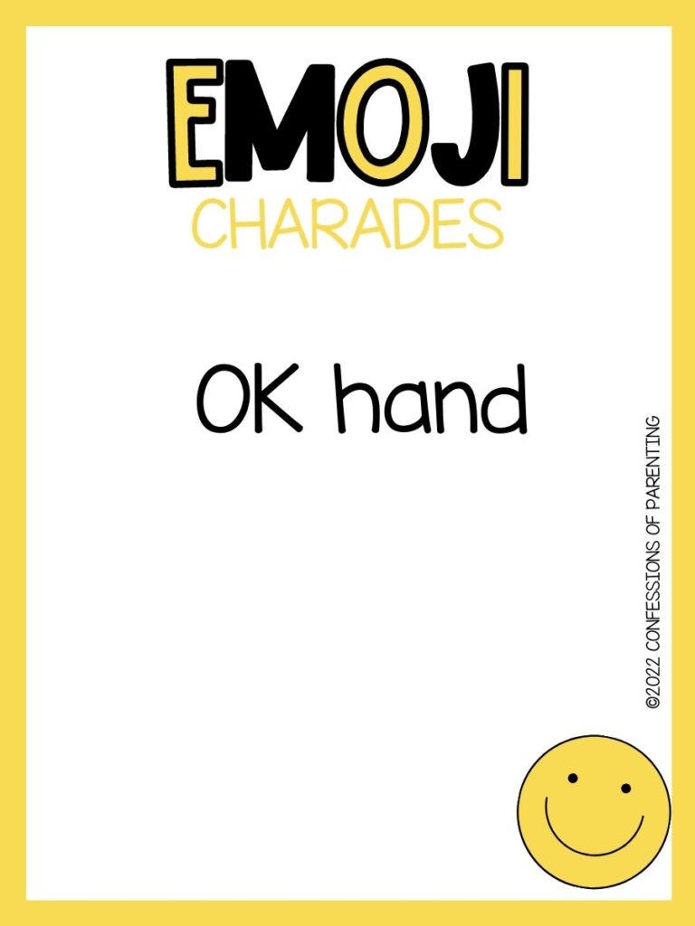 emoji charades title in yellow and black with emoji charade idea and smiling emoji on white background with yellow border