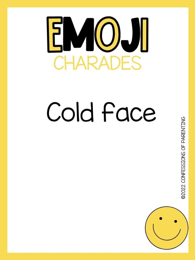 emoji charades title in yellow and black with emoji charade idea and smiling emoji on white background with yellow border