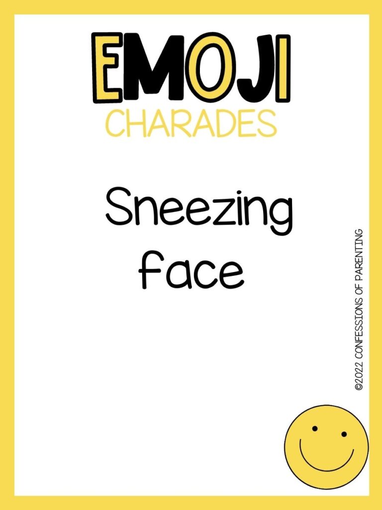 emoji charades title in yellow and black with emoji charade idea and smiling emoji on white background with yellow border