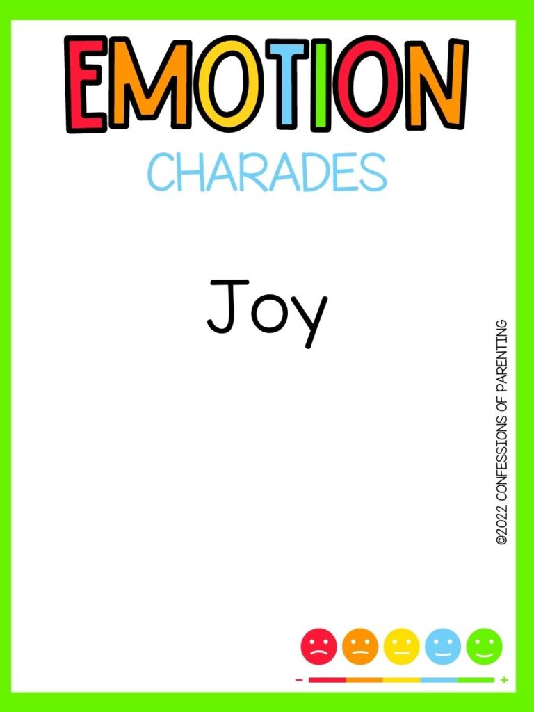 emotion charades title in multiple colors with charades idea and multi colored happy faces on white background and bright green border 