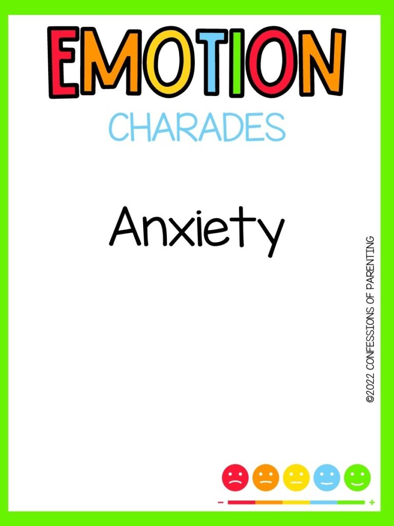 emotion charades title in multiple colors with charades idea and multi colored happy faces on white background and bright green border