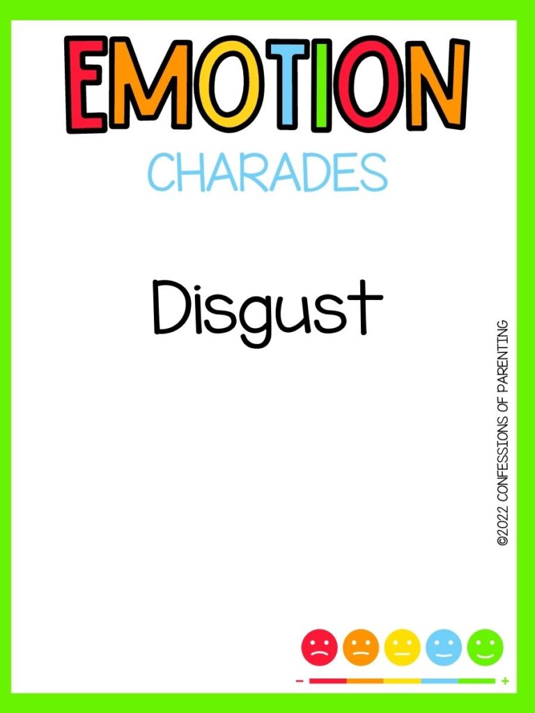 emotion charades title in multiple colors with charades idea and multi colored happy faces on white background and bright green border