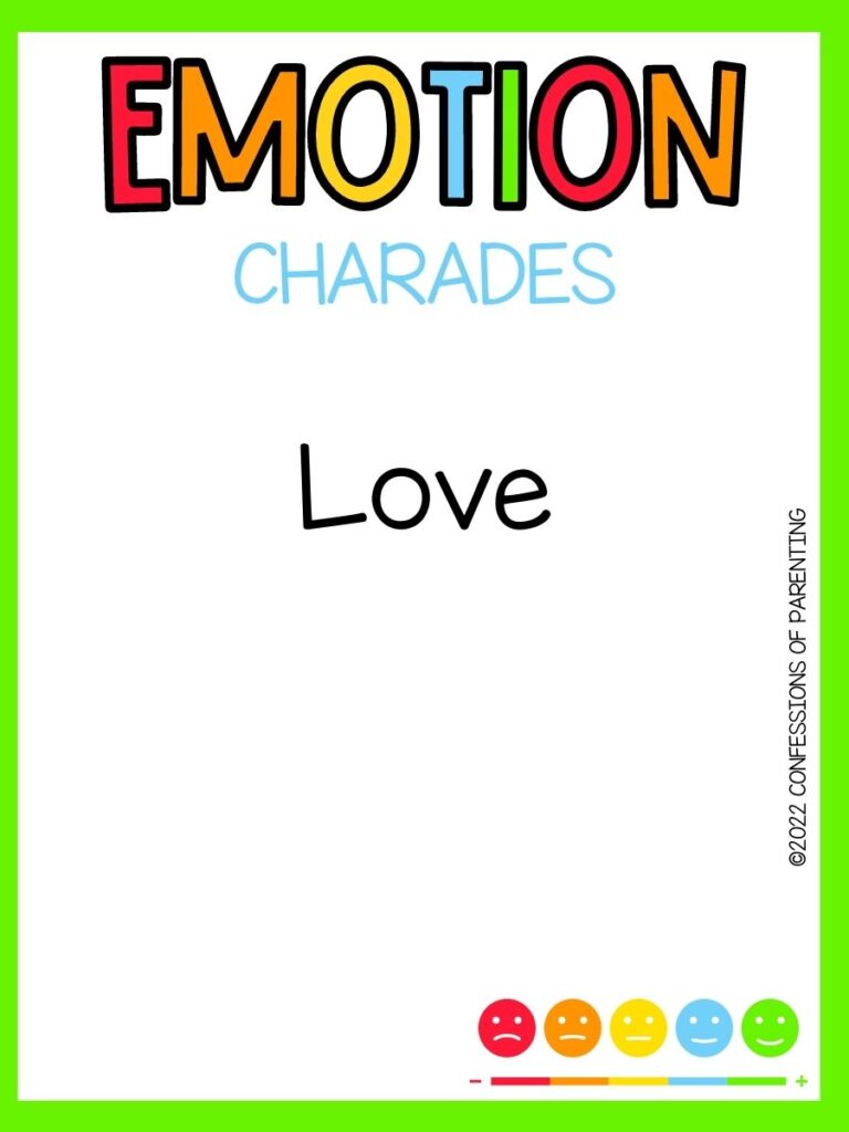 emotion charades title in multiple colors with charades idea and multi colored happy faces on white background and bright green border