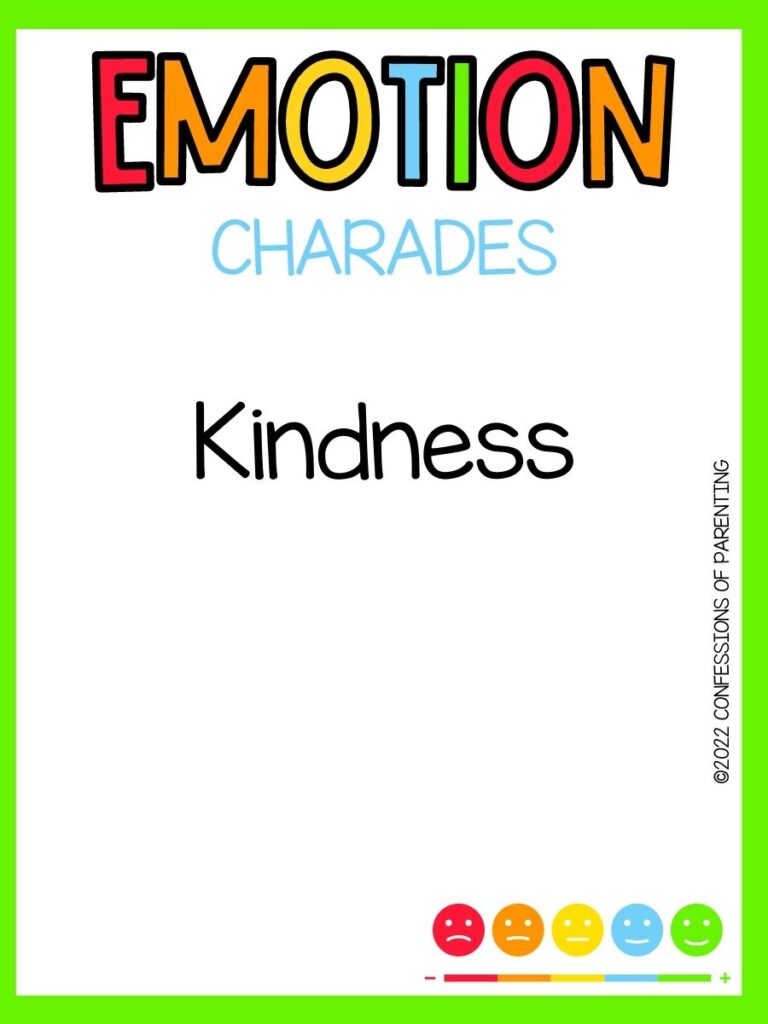 emotion charades title in multiple colors with charades idea and multi colored happy faces on white background and bright green border