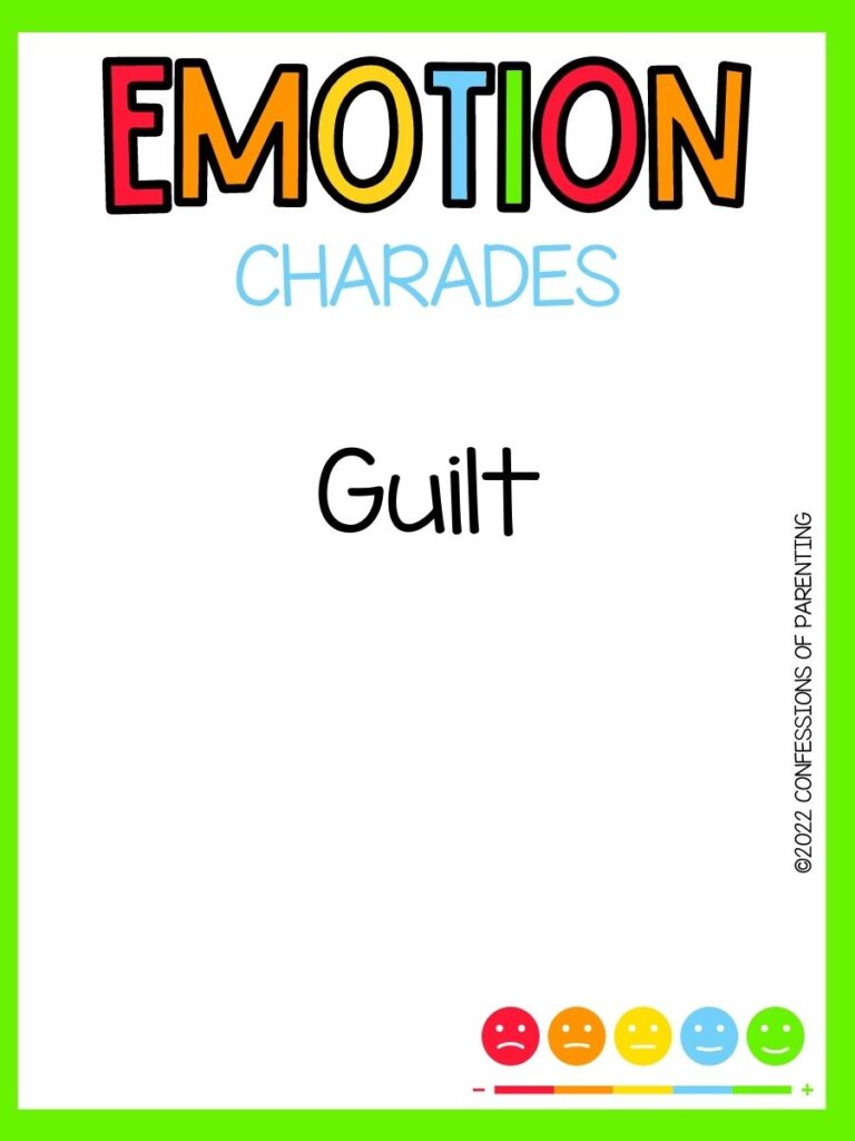 emotion charades title in multiple colors with charades idea and multi colored happy faces on white background and bright green border