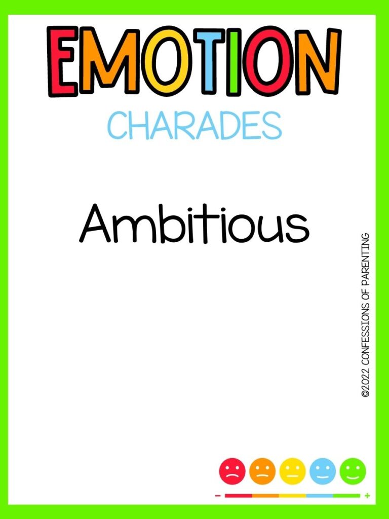 emotion charades title in multiple colors with charades idea and multi colored happy faces on white background and bright green border