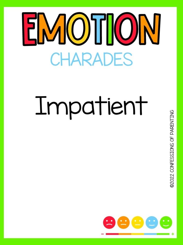 emotion charades title in multiple colors with charades idea and multi colored happy faces on white background and bright green border