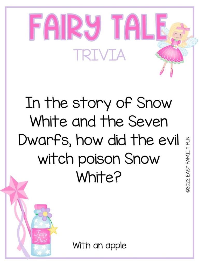 Blonde fairy in a pink dress with a fairy tale trivia question, a pink star wand, and a pink bottle of fairy dust. 