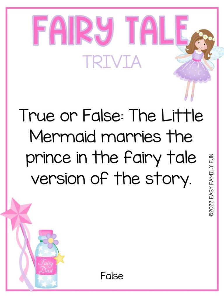 Brunette fairy wearing a purple dress with a trivia question about fairy tales, a pink wand, and a pink bottle of fairy dust.
