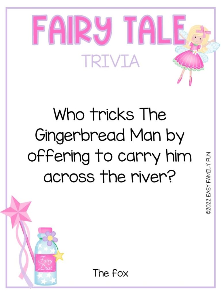 Blonde fairy in a pink dress with a fairy tale trivia question, a pink star wand, and a pink bottle of fairy dust.