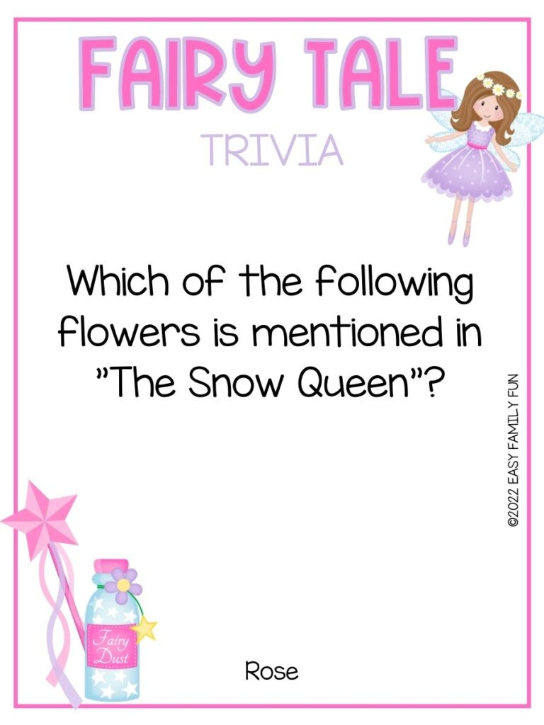 Brunette fairy wearing a purple dress with a trivia question about fairy tales, a pink wand, and a pink bottle of fairy dust.