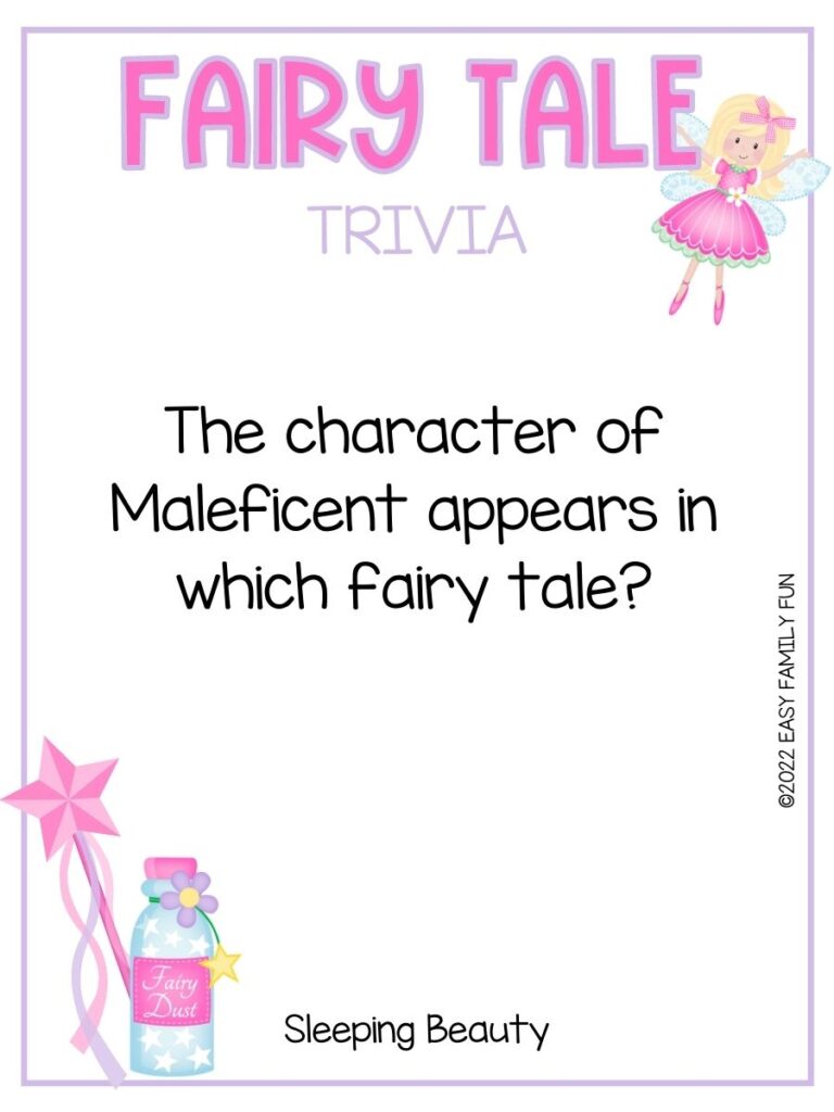 Blonde fairy in a pink dress with a fairy tale trivia question, a pink star wand, and a pink bottle of fairy dust.