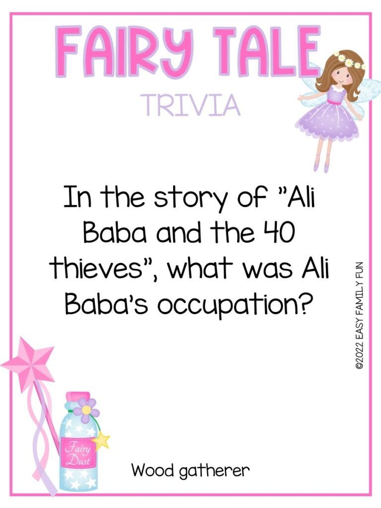 Brunette fairy wearing a purple dress with a trivia question about fairy tales, a pink wand, and a pink bottle of fairy dust.