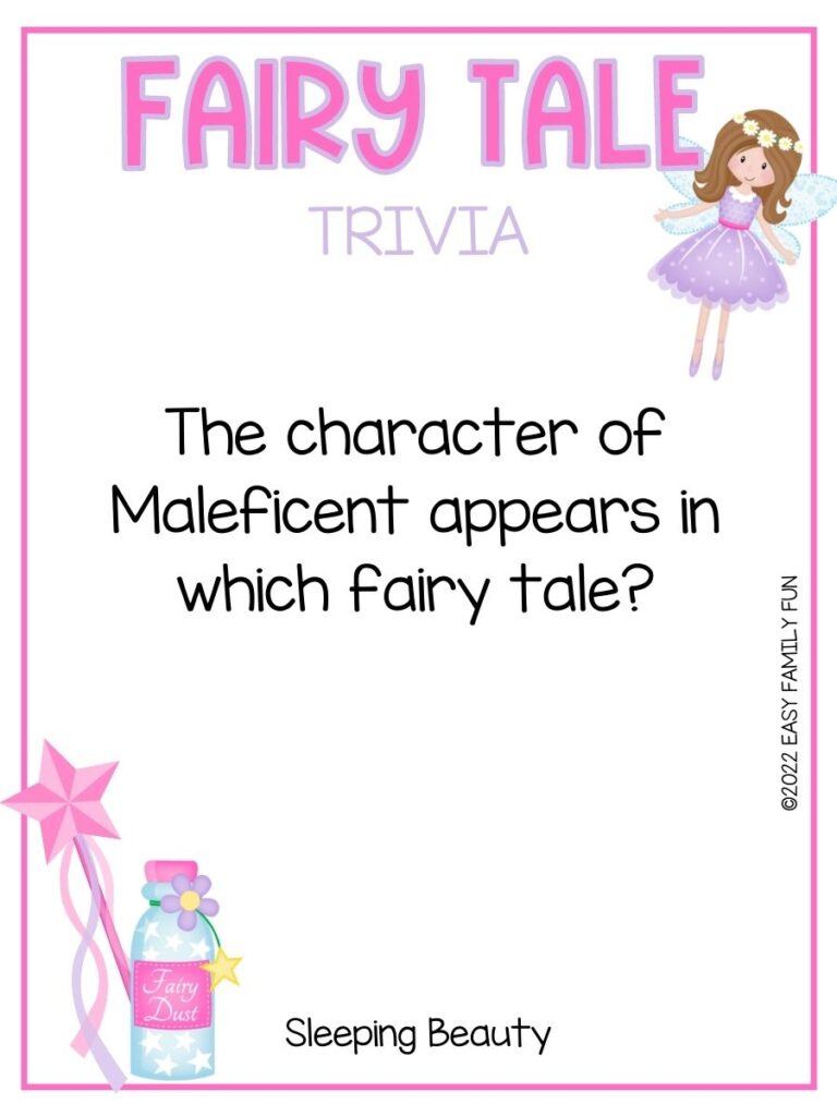 Brunette fairy wearing a purple dress with a trivia question about fairy tales, a pink wand, and a pink bottle of fairy dust. 