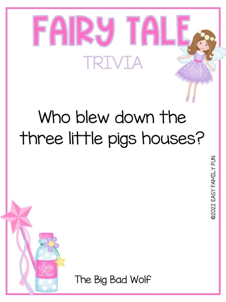 Brunette fairy wearing a purple dress with a trivia question about fairy tales, a pink wand, and a pink bottle of fairy dust.