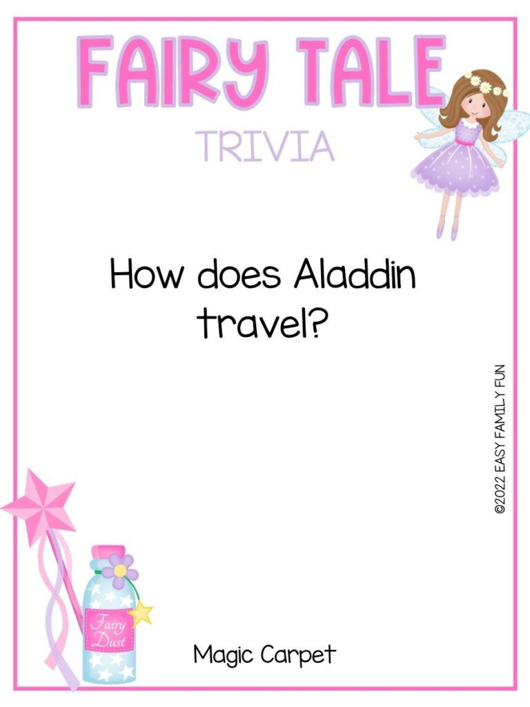 Brunette fairy wearing a purple dress with a trivia question about fairy tales, a pink wand, and a pink bottle of fairy dust.