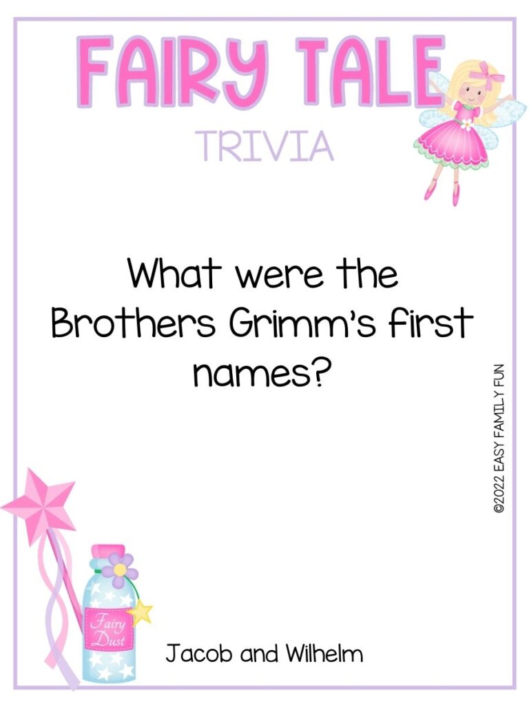 Blonde fairy in a pink dress with a fairy tale trivia question, a pink star wand, and a pink bottle of fairy dust.
