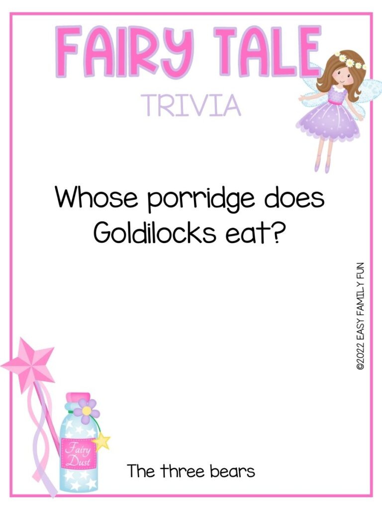 Brunette fairy wearing a purple dress with a trivia question about fairy tales, a pink wand, and a pink bottle of fairy dust. 