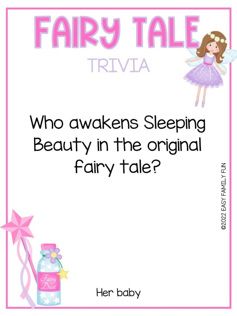 Brunette fairy wearing a purple dress with a trivia question about fairy tales, a pink wand, and a pink bottle of fairy dust.