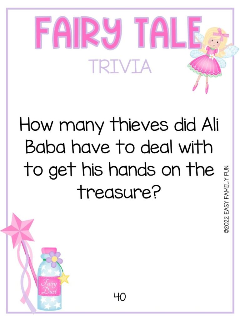 Blonde fairy in a pink dress with a fairy tale trivia question, a pink star wand, and a pink bottle of fairy dust. 