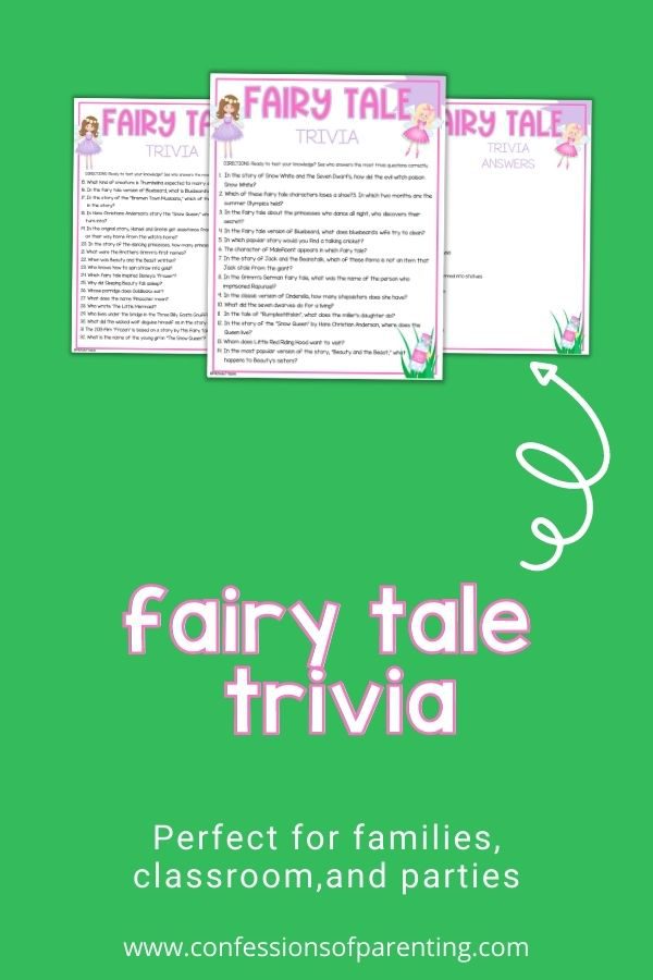 3 Fairy Tale trivia PDF sheets in mockup on green background