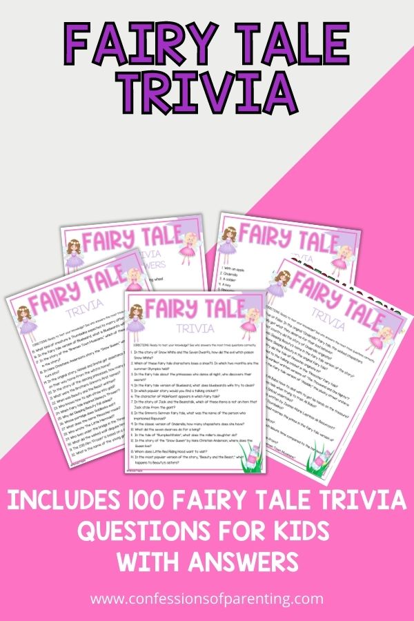 5 Fairy Tale trivia PDF sheets in mockup with pink and white background
