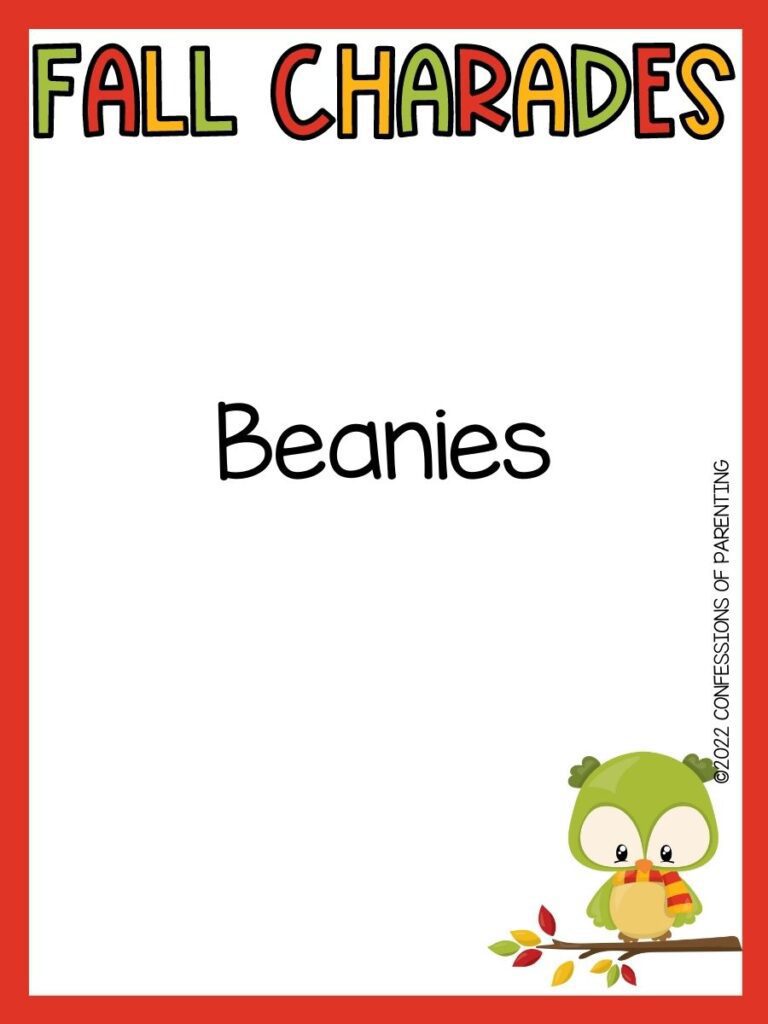 fall charades title in multiple colors with charades idea and little green owl on white background with orange border