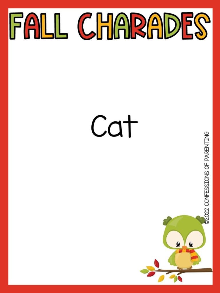 fall charades title in multiple colors with charades idea and little green owl on white background with orange border