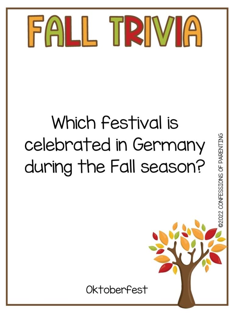 fall tree in the bottom corner with the title of Fall Trivia and a fall trivia question on a white background with small brown border