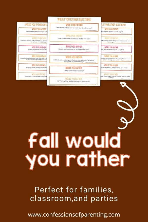 Three examples of the printables of the fall would you rather on a brown background with text that states that it is perfect for families, classrooms, and parties. 