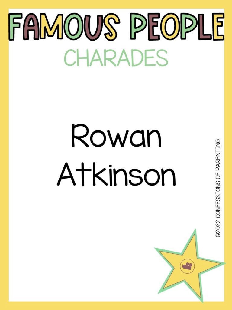 famous people charades title in multiple colors with charades idea and yellow star on white background with yellow border 