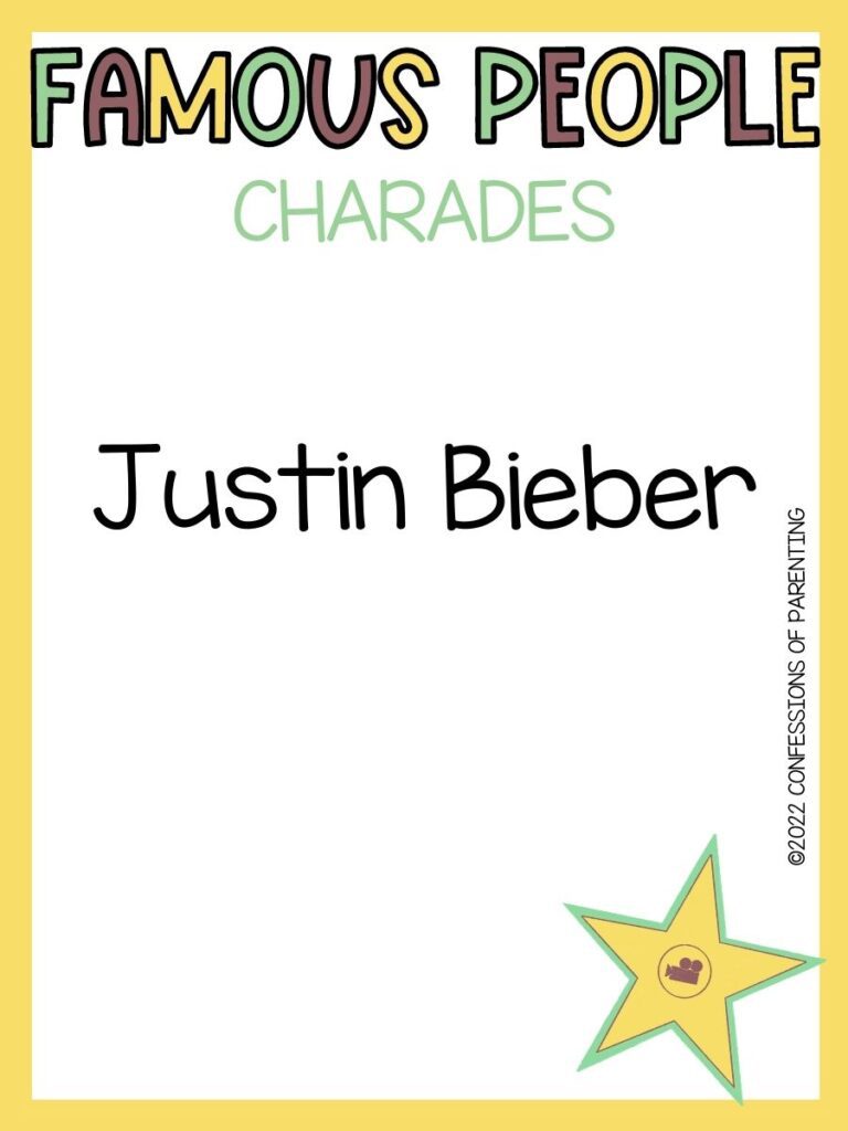 famous people charades title in multiple colors with charades idea and yellow star on white background with yellow border