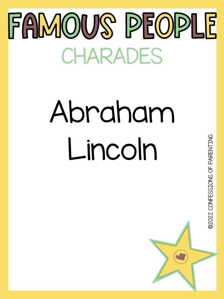 famous people charades title in multiple colors with charades idea and yellow star on white background with yellow border 