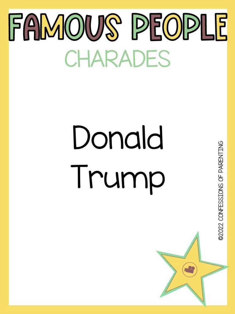 famous people charades title in multiple colors with charades idea and yellow star on white background with yellow border 