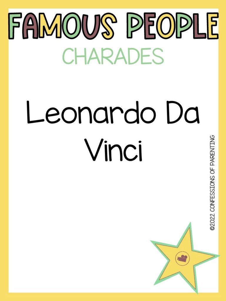 famous people charades title in multiple colors with charades idea and yellow star on white background with yellow border 