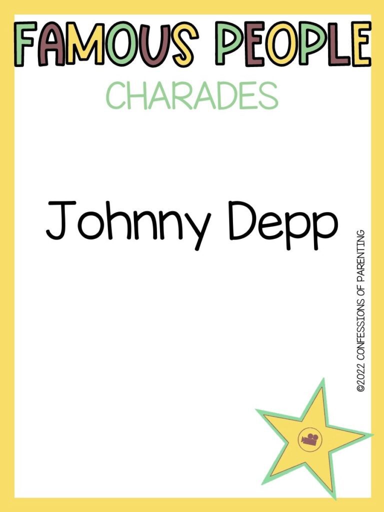 famous people charades title in multiple colors with charades idea and yellow star on white background with yellow border