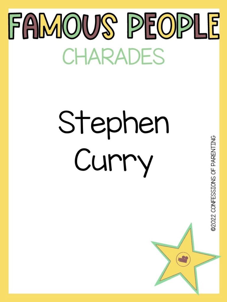 famous people charades title in multiple colors with charades idea and yellow star on white background with yellow border 