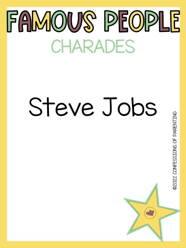 famous people charades title in multiple colors with charades idea and yellow star on white background with yellow border 