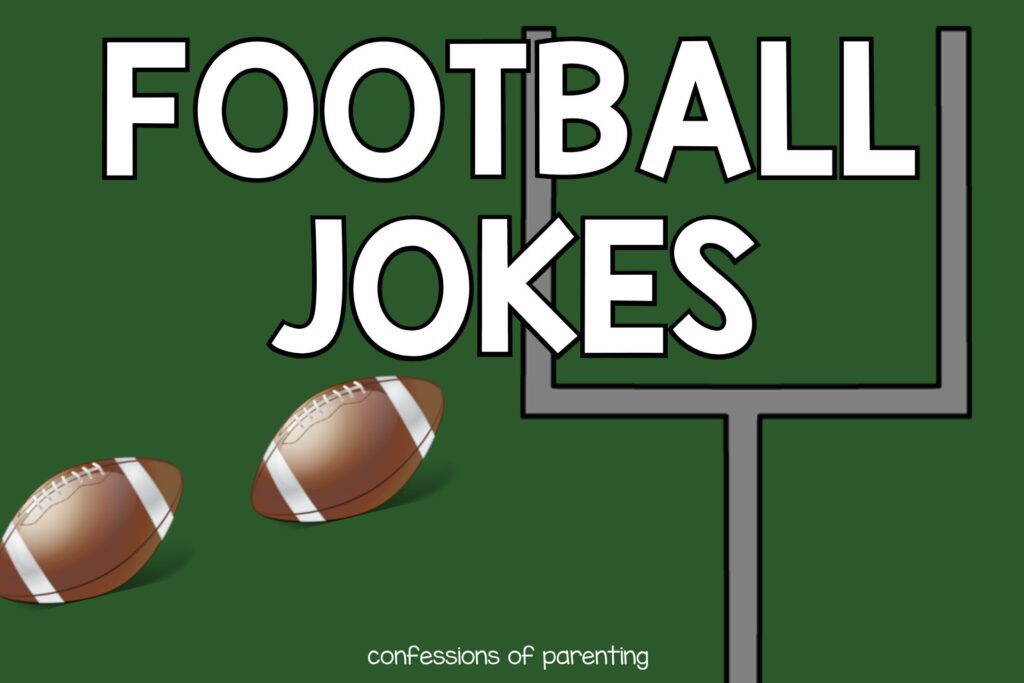 football goal post with 2 brown footballs on green background with white text that says football jokes