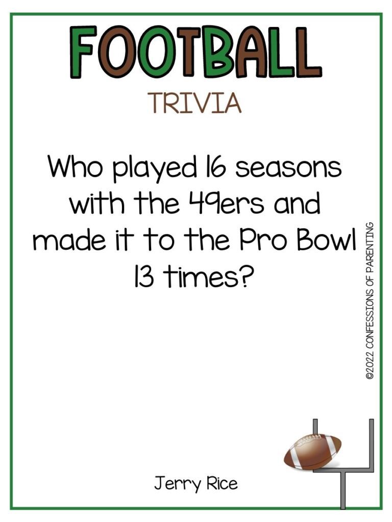 "Football Trivia" title in green and brown with goalposts and football and trivia question on white background with thin green border