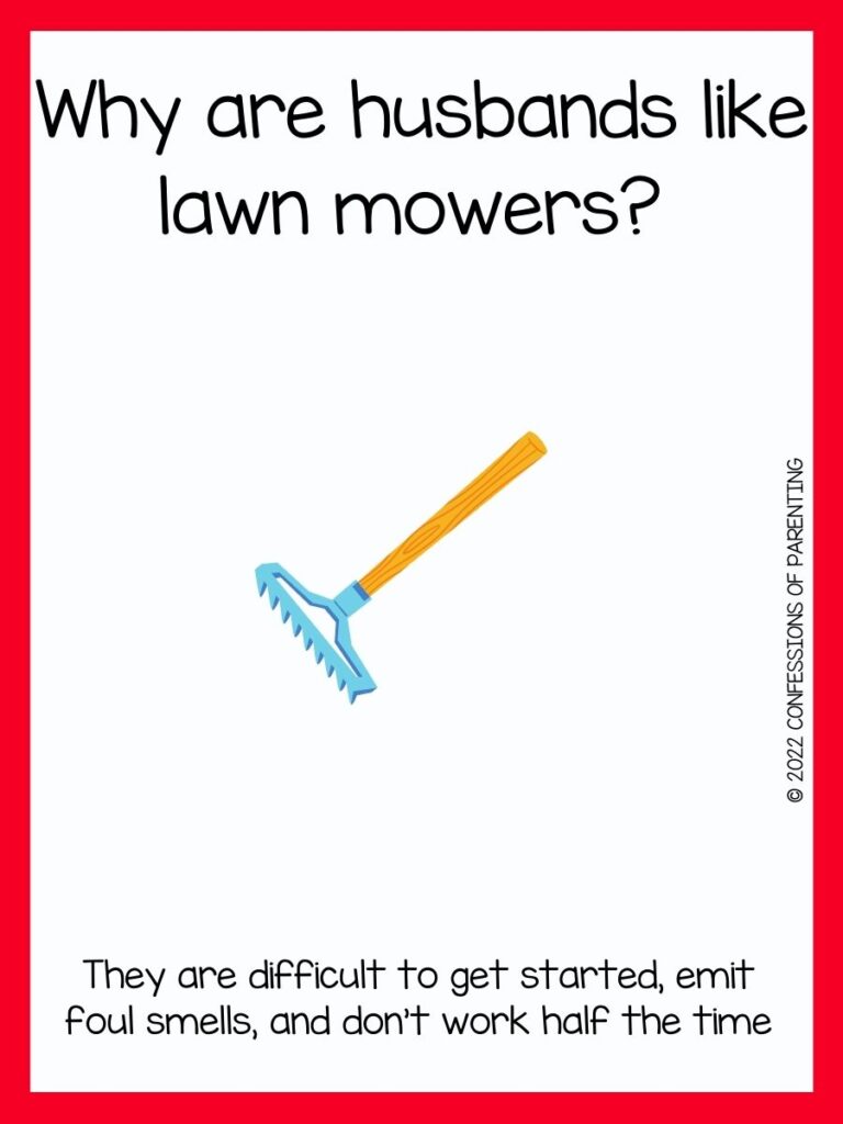 a rake with gardening joke on white background with red border
