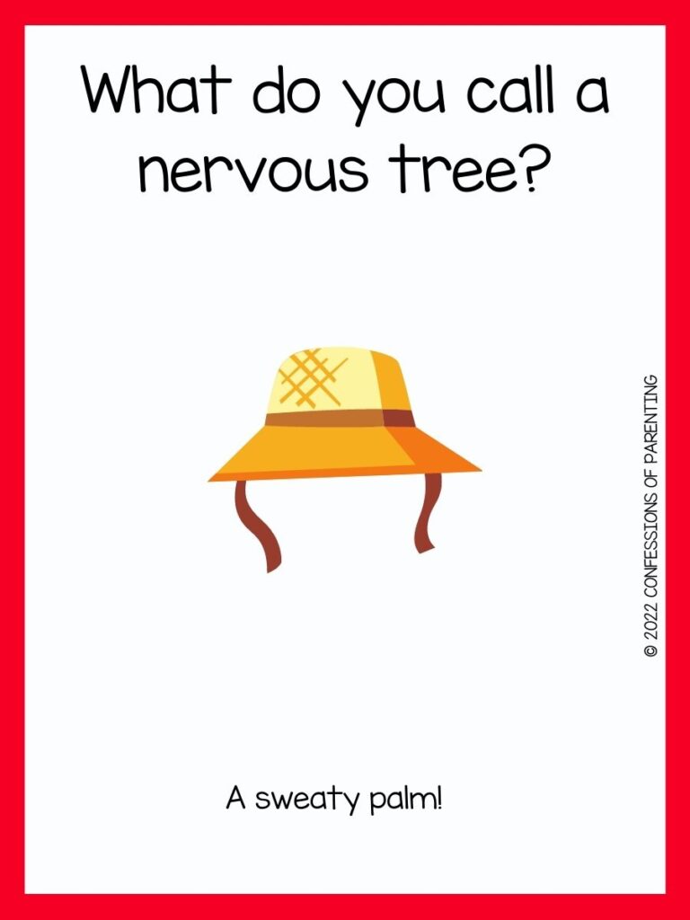 a straw gardening hat with gardening joke on white background with red border